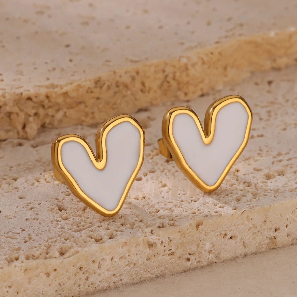 Gold and White Heart Earrings